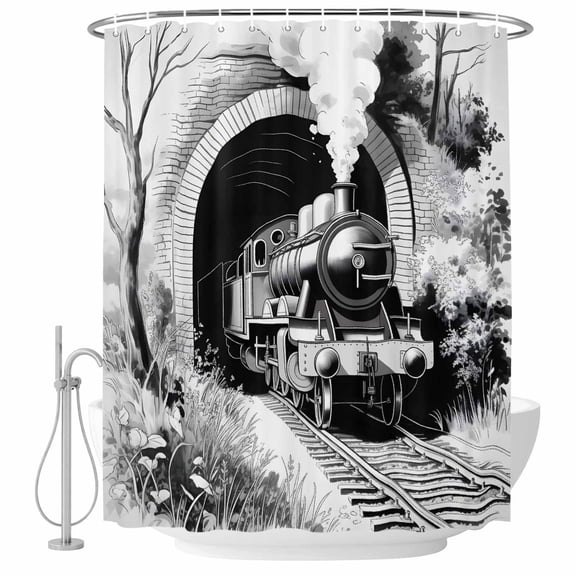 Grey Trains Shower Curtain, Waterproof Shower Curtains for Bathroom, Black White Vintage Tunnels Hand Print Art Washable Fabric Bathtub Curtain Set Bath Decor with 12 Hooks 48"x72"