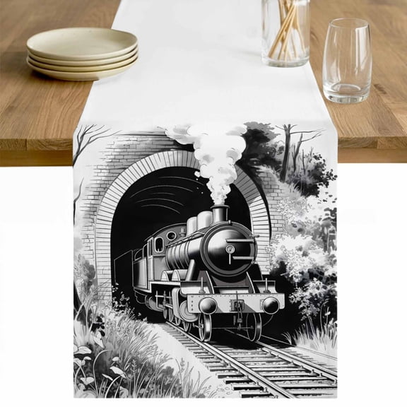 Grey Trains Table Runner - 48 Inch Long Black White Vintage Tunnels Hand Print Art Cotton and Linen Blended Dress Scarves Farmhouse Table Runner for Kitchen Dining, Coffee Table, 13" x 48"