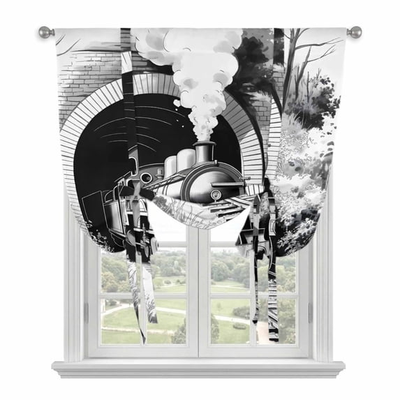 Grey Trains Tie Up Curtains for Windows, Adjustable Balloon Window Shades, Black White Vintage Tunnels Hand Print Art Kitchen Window Treatments Adjustable Roll Up Curtain for Basement/Nursery 52"x45"