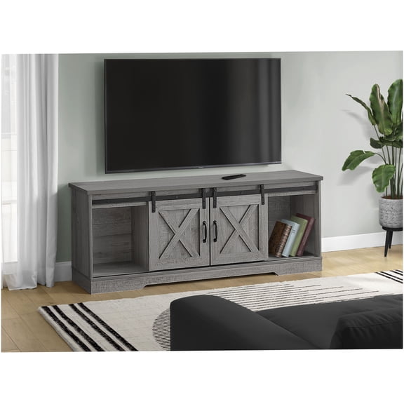 Grey Transitional 60 inch TV Stand Media Console with Sliding Barn Doors and Ample Storage