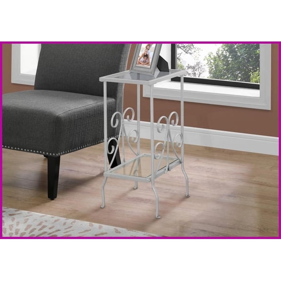 Grey Transitional Coffee Table with Silver Metal Frame & Two-Tier Tempered Glass Shelves, Space-Saving for Living Room