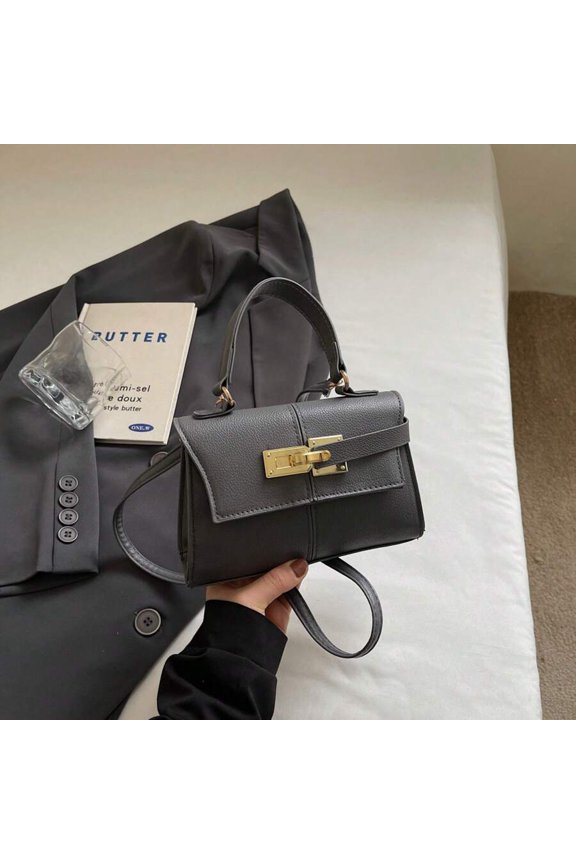 Grey Trapezoid Mini Shoulder Bag With Gold-Tone Lock Clasp And Top Handle