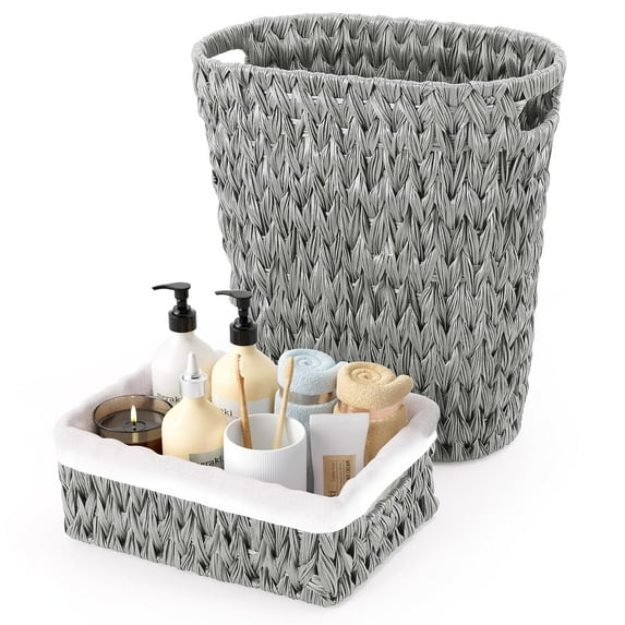 Grey Trash Can with Wicker Storage Baskets,12 Liter/3.2Gallon Small Bathroom Trash Can Handwoven Waste Basket Narrow Small Garbage Can for Bedroom, Bathroom,Office