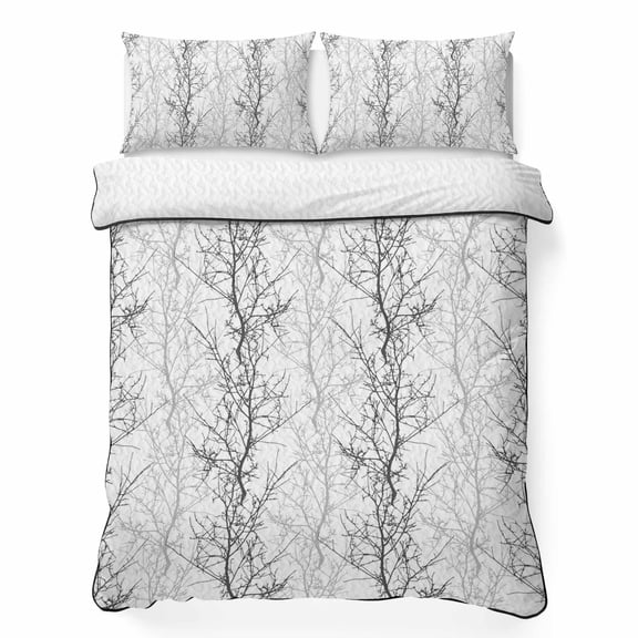 Grey Tree Full Quilt Bedding Set, Branch Lightweight Comforter with 2 Pillow Shams Bedroom Bedspread Set Home Decor for All Seasons