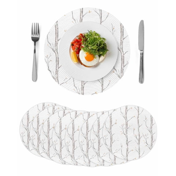 Grey Tree Round 13 Inch Placemats Set of 8, Botanical Vintage Birds Branch HeatResistant Non Slip Place Mats for Dining Table, Wipeable Braided Kitchen Table Mats for Housewarming