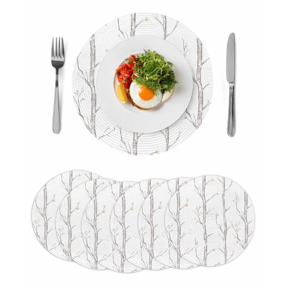 Grey Tree Round Placemats Set of 6 for Dinning Tables,Heat-proof Braided Table Mats 15 Inch,Botanical Vintage Birds Branch Washable Place Mat for Kitchen Restaurant Party Decor Supplies Table Setting