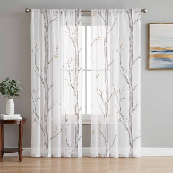 Grey Tree Semi Sheer Window Curtains 72 Inches Long, Botanical Vintage Birds Branch Rod Pocket Voile Silky Chiffon Curtain Light Filtering Drapes for Living Room, Kitchen, Bedroom, 52"x72", 2 Panels