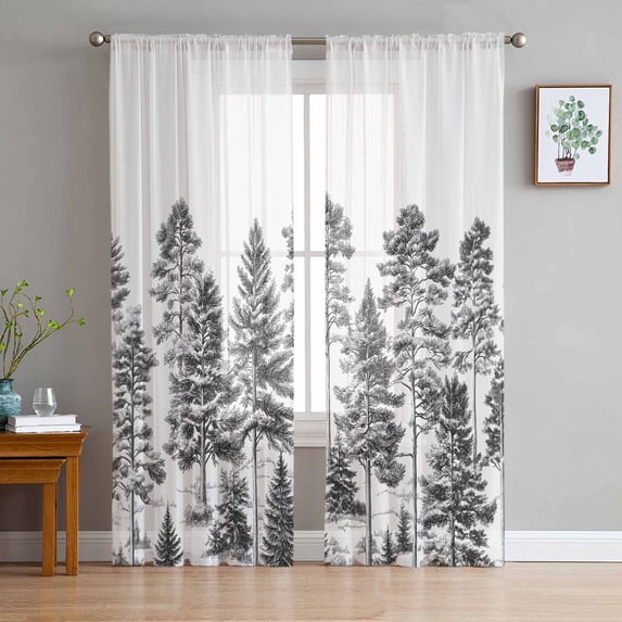 Grey Tree Sheer Curtains 84 Inches Long 2 Panels Set, Window Sheer Curtains for Living Room/Bedroom, Nature Forest Wild Plant White Watercolor Light Filtering Rod Pocket Curtain 52'' x 84'' x 2