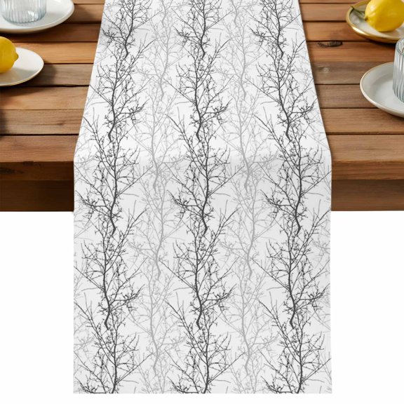 Grey Tree Table Runner, Branch Cotton Linen Table Cloth, Tablerunner for Kitchen Dining Party Wedding Home Decor 13x36 Inch