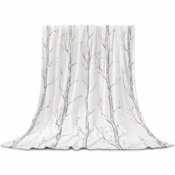 Grey Tree Throw Blanket for Couch, Soft Lightweight Flannel Fleece Blanket, Botanical Vintage Birds Branch Microfiber Plush All Season Decorative Blankets Gifts for Sofa Office Lap 30"x40"