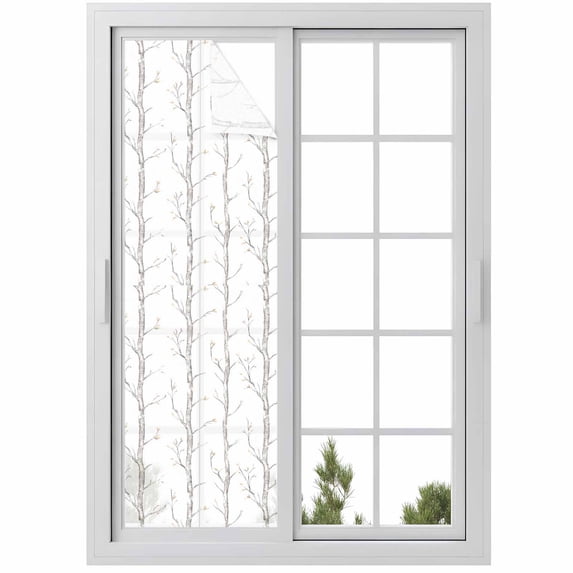 Grey Tree Window Privacy Film, Botanical Vintage Birds Branch Static Cling UV Sun Blocking Heat Control Window Tint Day and Night, Non-Adhesive Reusable One Way Windows Privacy Cover 17.7''x78.7''