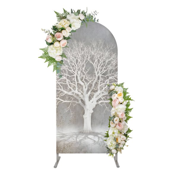 Grey Trees Arch Backdrop Cover 4FT, Modern Abstract Minimalist Nature Branch Textured Spandex Fitted Stretchy Arch Stand Covers, Round Top Chiara Backdrop Cover for Wedding Party Birthday Baby Shower