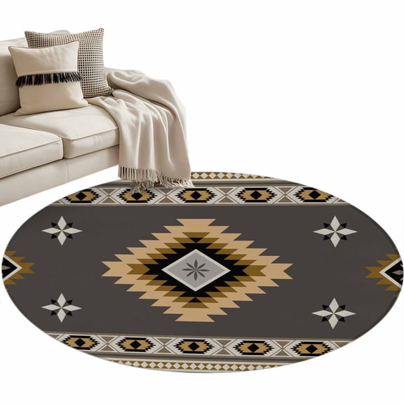 Grey Tribal Geometric Round Area Rug 4ft Vintage Boho Native Abstract Non-Slip Washable Circle Rugs Soft Felt Indoor Floor Mat for Bedroom Kitchen Living Room Bathroom