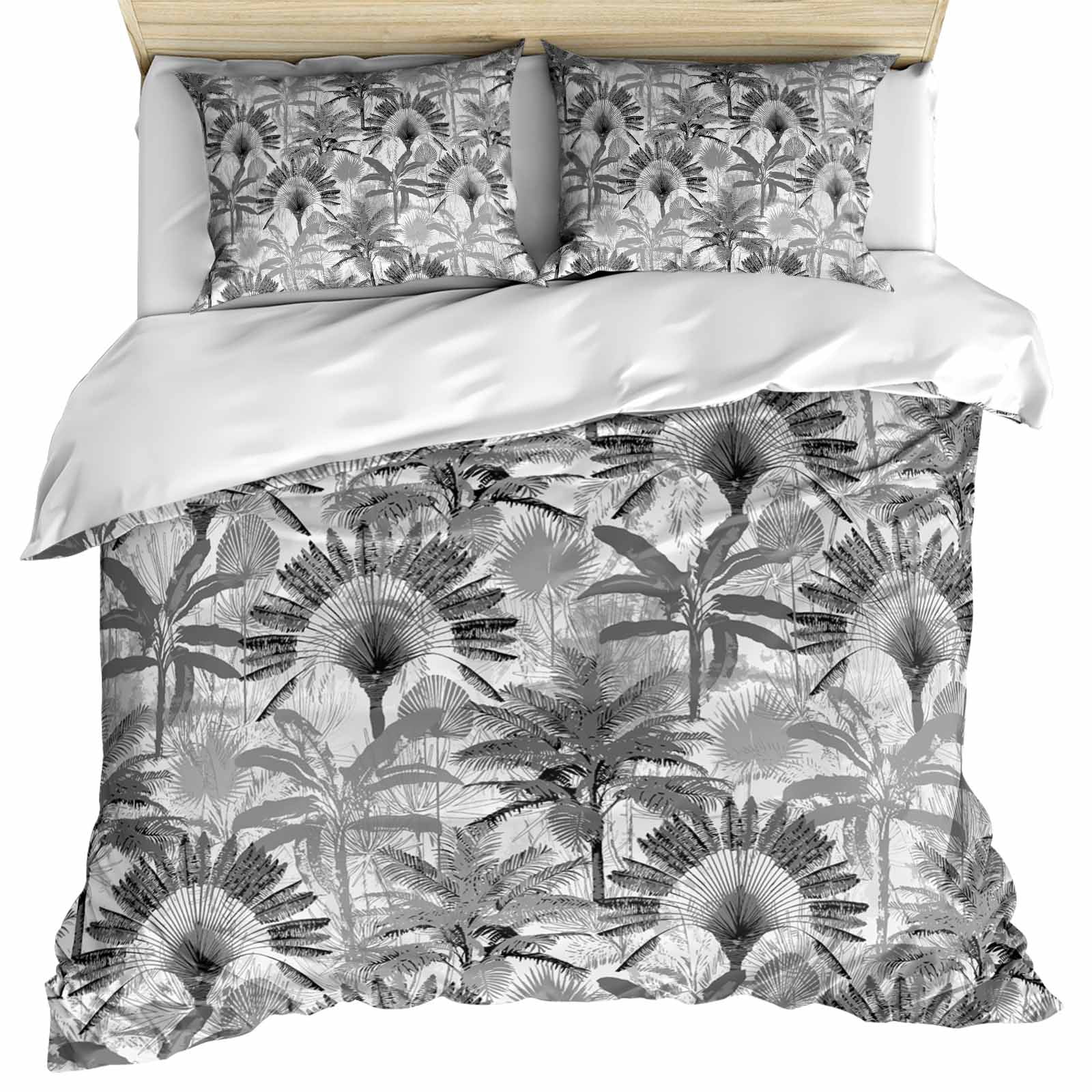 Grey Tropical Leaves Bedding 3 Piece Duvet Cover Set Full Size, Summer Palm Trees Botanical Soft Microfiber Comforter Cover with Zipper Closure & Pillowcases, Wrinkle & FadeResistant Quilt Cover
