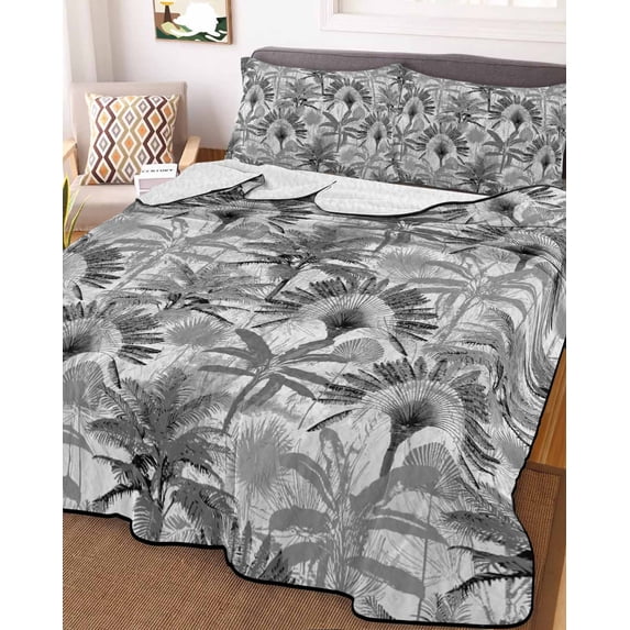 Grey Tropical Leaves Full Size Down Alternative Comforter, Lightweight Comforter Quilt Bedding Set with Pillow Shams Summer Palm Trees Botanical All Seasons Bed Comforter Duvet Insert 78"x90"