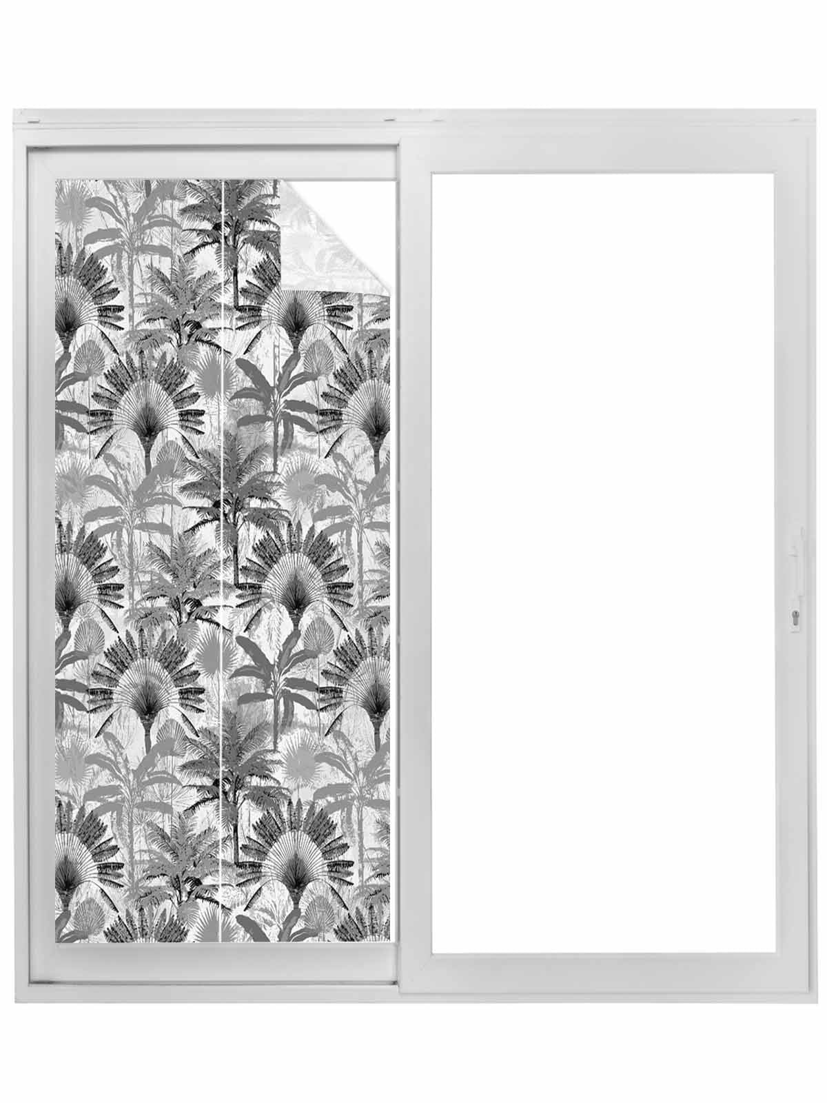 Grey Tropical Leaves Window Privacy Film, Summer Palm Trees Botanical Static Cling UV Sun Blocking Tint Film Heat Control Windows Films for Bedroom Bathroom, Window Stickers 23.6"x59"