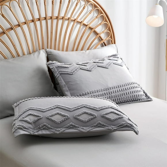 Grey Tufted Comforter Set King Size 7 Piece Bed in a Bag, Shabby Chic Boho Comforter and Sheet Set, Pom Pom Textured Bed Set, All Season Soft Microfiber Complete Bedding Set(Grey,King)