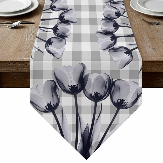 Grey Tulip Table Runner Linen Burlap Table Runner 70 Inches Long Farmhouse Elegant Flowers Checkered Dresser Scarves for Kitchen Island Coffee Dining Room Party Wedding Banquet Holiday Decor 13"x70"