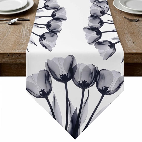 Grey Tulip Table Runner Linen Burlap Table Runner 72 Inches Long Farmhouse Elegant Flowers Botanical Dresser Scarves for Kitchen Island Coffee Dining Room Party Wedding Banquet Holiday Decor 13"x72"