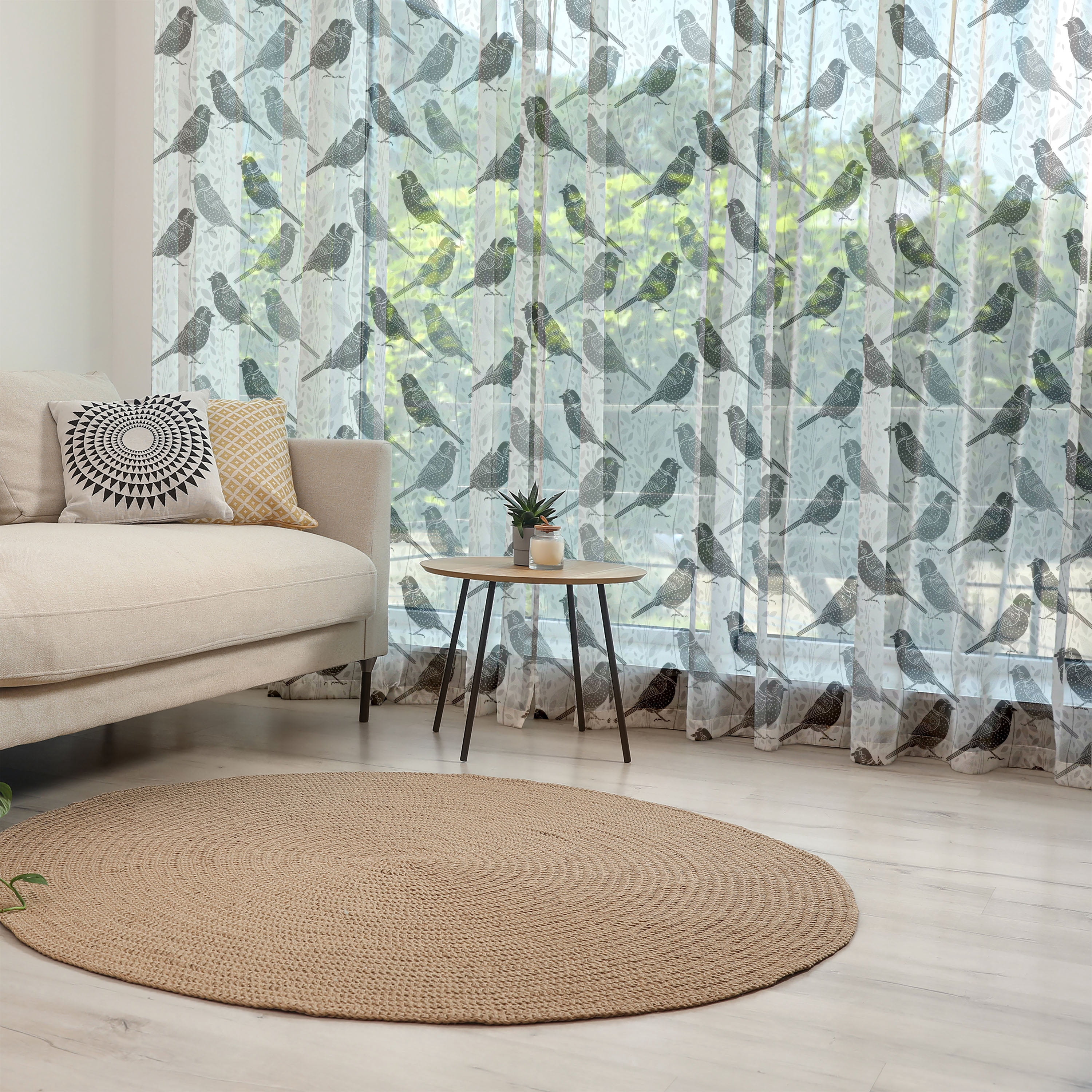 Grey Tulle Curtains with Rod Pocket, Ornamental Birds on Trees Winged ...