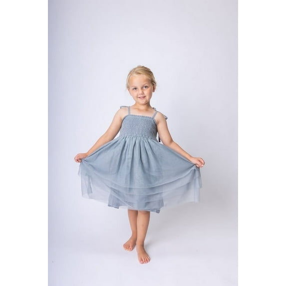 Grey Tulle Solid Color Ruffle Dress
