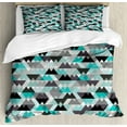 thumbnail image 1 of Grey and Turquoise Duvet Cover Set King Size, Futuristic Geometric Mosaic Design with Triangles and Zig Zags, Decorative 3 Piece Bedding Set with 2 Pillow Shams, Turquoise Grey Black, by Ambesonne, 1 of 3