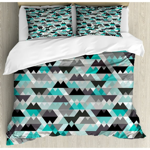 Grey and Turquoise Duvet Cover Set King Size, Futuristic Geometric Mosaic Design with Triangles and Zig Zags, Decorative 3 Piece Bedding Set with 2 Pillow Shams, Turquoise Grey Black, by Ambesonne