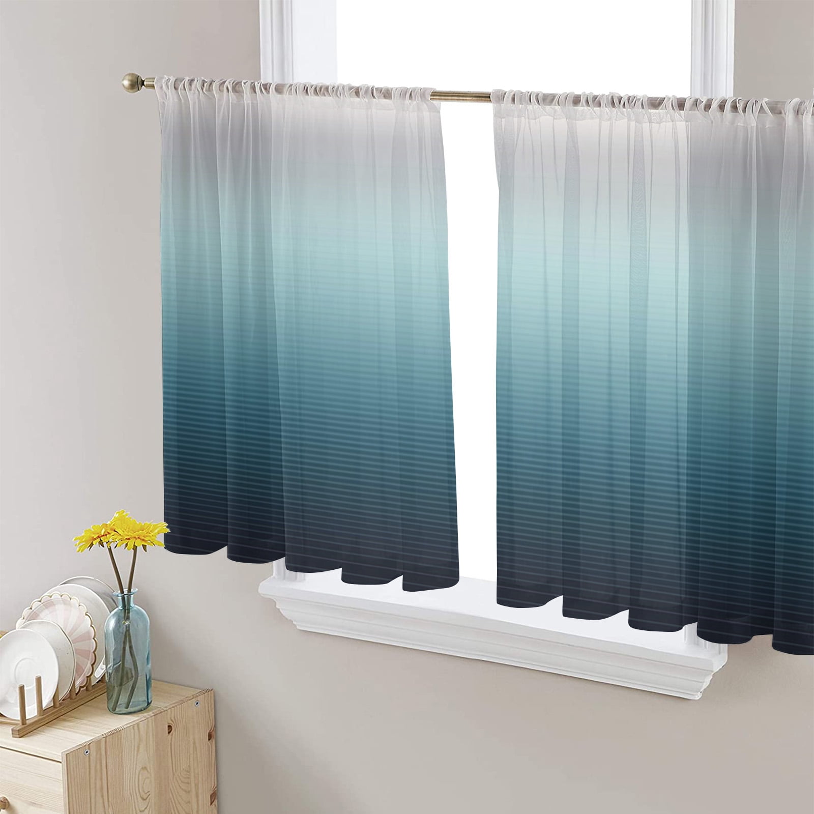 Grey Turquoise Ombre Sheer Curtains 54 Inches Length 2 Panels Set ...