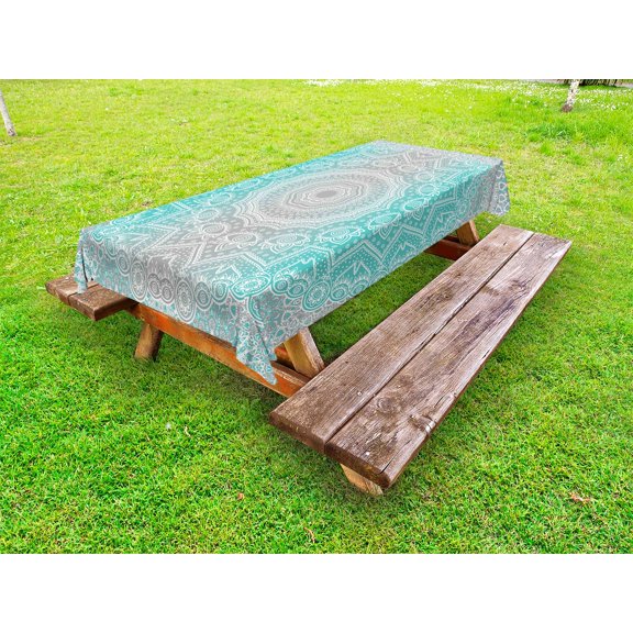 Grey and Turquoise Outdoor Tablecloth, Primitive Spiritual Essence and Universe Harmony Mandala Ombre Art, Decorative Washable Fabric Picnic Table Cloth, 58 X 84 Inches,Turquoise Grey, by Ambesonne