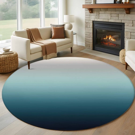 Grey Turquoise Round Rugs for Living Room 6ft Stripe Gradient Non Slip Circle Rug Washable Low-Profile Indoor Carpet for Bedroom, Dining Room, Bathroom