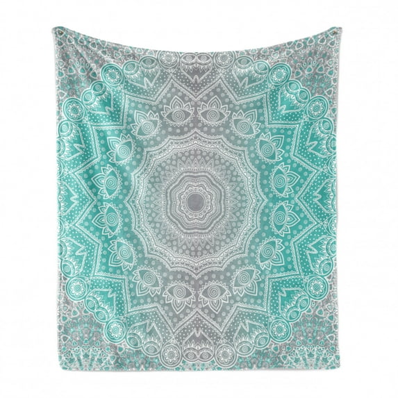 Grey and Turquoise Soft Flannel Fleece Throw Blanket, Color Transition Themed Lines and Shapes Mandala Ombre Art, Cozy Plush for Indoor and Outdoor Use, 60" x 80", Turquoise Grey, by Ambesonne