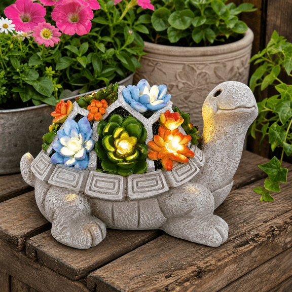 Grey Turtle Solar Garden Statue with Succulent and LED Lights Outdoor Lawn Decor