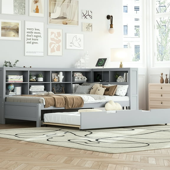 Grey Twin Daybed With Charging, Trundle And Storage Unit Size Trundle, Shelf Plug