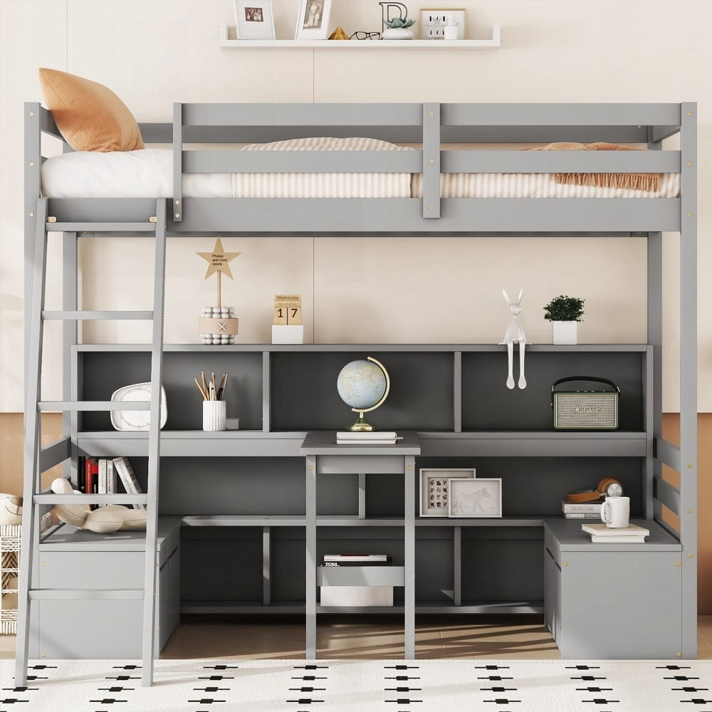 Twin Size Solid Wood High-Rise Bed Frame with Storage & Desk, Grey, No ...