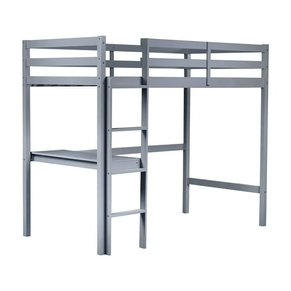 Grey Twin Loft Bed With Guardrail And Built-in Desk, Made Of Quality Rubber Wood For A Stable Bedroom Experience Size In Grey, Crafted From Solid