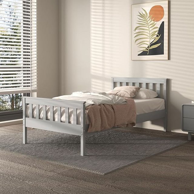 Grey Twin Platform Bed Frame with Headboard, Modern Solid Wood Bed with