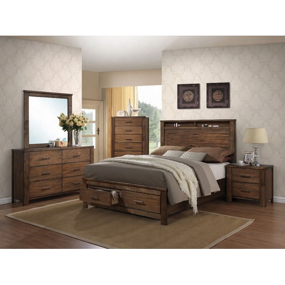 Queen Size Oak Finish Storage Bed with 13 Slats and 2 Drawers, No Box Spring Needed for Master Bedroom