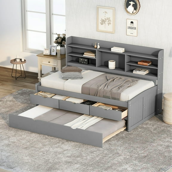 Grey Twin Size Wooden Bed With Built-in Bookcases, 3 Large Drawers & Pull-out Trundle Captain In Shelving, And Pullout