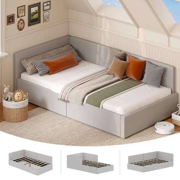 Grey Twin Velvet Upholstered Day Bed Frame Headboard Guardrail Bed Rails Solid Wood Slats Adjustable Assembly for Bedroom Guest Room