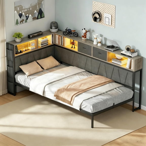 Grey Twin XL Bed Frame with Reversible LED L-Shaped Upholstered Headboard | Reversible LED L-shaped headboard, padded upholstery, side storage pockets, solid metal frame, multi-compartment storage