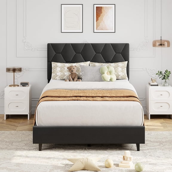 Grey Twin XL Bed Frame with Upholstered Headboard, Heavy-Duty Platform Bed Frame with Strong Wood Slats, No Box Spring Needed/Noise Free/Easy Assembly