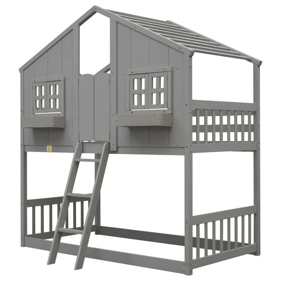 Grey Twin over Twin House Bunk Bed with Roof, Window, Box, and Door - Safety Guardrails and Ladder