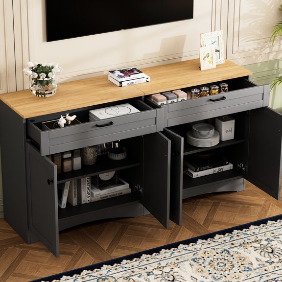 Grey Two - Tone TV Stand | Place 70" TVs, Works in Dining Room | Premium Particle Board Build | Ample Storage for Tableware