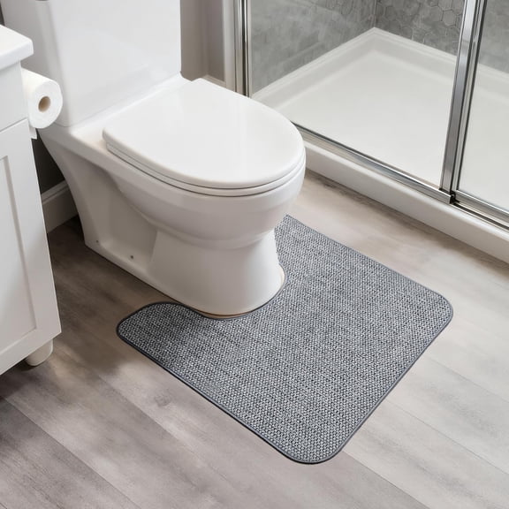 Grey U-Shaped Toilet Mat 20 x 24 Inch, Low-Pile Terry Cloth Bathroom Rug with Rubber Backing, Machine Washable Contour Bath Mat for Toilet Area and Guest Bathroom, 1 Piece