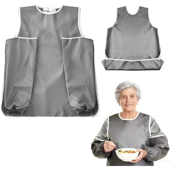 Waxgamo Adult Bibs for Women & Men with Sleeves, Waterproof & Adjustable Collar Bibs, Washable Clothing Protector for Seniors, Grey