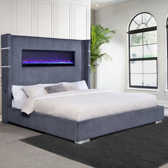 Grey Upholstered Eastern King Wingback Bed with Integrated Flame Visualizer and Remote Control