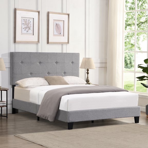 Grey Upholstered Full Bed Frame - Wood Slat Support, No Box Spring, Easy to Put Together