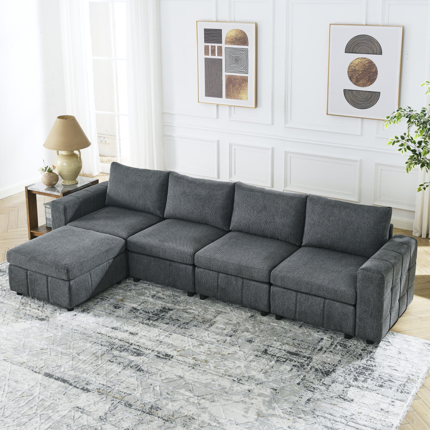 Grey Upholstered LShaped Modular Sofa Set 4Seater with Ottoman for