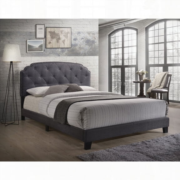 Grey Upholstered Queen Bed with Soft Grey Fabric and Nailhead Trim