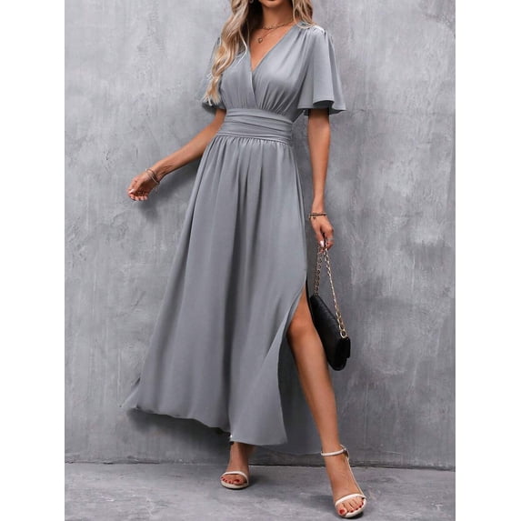 Grey V-Neck Butterfly Sleeve High Slit Maxi Dress With Belted Waist For Women